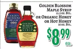Trade Fair Supermarket Golden Blossom Maple Syrup 12.5 OZ. Btl. or Organic Honey or Hot Honey 16 OZ. Btl offer