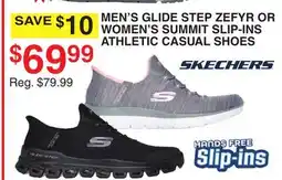 Dunham's Sports SKECHERS MEN'S GLIDE STEP ZEFYR OR WOMEN'S SUMMIT SLIP-INS ATHLETIC CASUAL SHOES offer