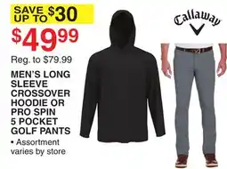 Dunham's Sports MEN'S LONG SLEEVE CROSSOVER HOODIE OR PRO SPIN 5 POCKET GOLF PANTS offer