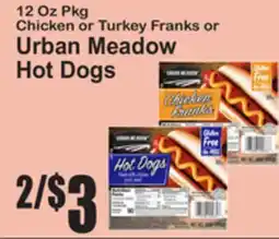 SuperFresh 12 Oz Pkg Chicken or Turkey Franks or Urban Meadow Hot Dogs offer