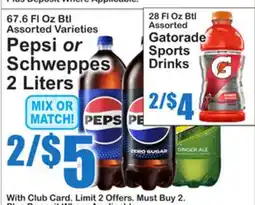 SuperFresh Pepsi or Schweppes 2 Liters, Gatorade Sports Drinks offer
