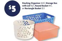 Family Dollar Stacking Organizer 4.8 l, Storage Box with Lid 9.2 l, Round Basket 14 l, or Rectangle Basket 12 l offer