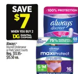 Dollar General Always Discreet Underwear or Pads offer
