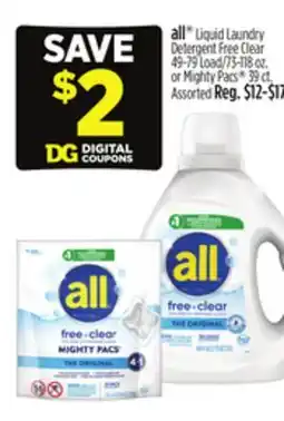 Dollar General all Liquid Laundry Detergent Free Clear or Mighty Pacs offer