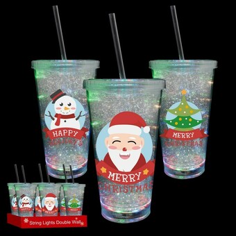 Walmart 16oz String Lights Double Wall Tumbler W/Straw, W/Christmas Prints offer