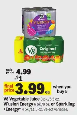 Meijer V8 Vegetable Juice 8 pk./5.5 oz., VFusion Energy 6 pk./8 oz. or Sparkling +Energy* 4 pk./11.5 oz offer