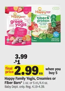 Meijer Happy Family Yogis, Creamies or Fiber Bars offer