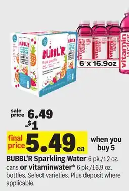 Meijer BUBBL'R Sparkling Water 6 pk./12 oz. cans or vitaminwater* 6 pk./16.9 oz. bottles offer