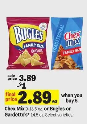 Meijer Chex Mix 9-13.5 oz. or Bugles or Gardetto's 14.5 oz offer