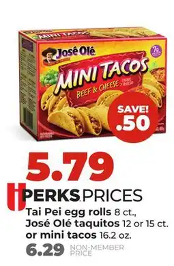 Hy-Vee Tai Pei egg rolls 8 ct., José Olé taquitos 12 or 15 ct. or mini tacos 16.2 oz offer