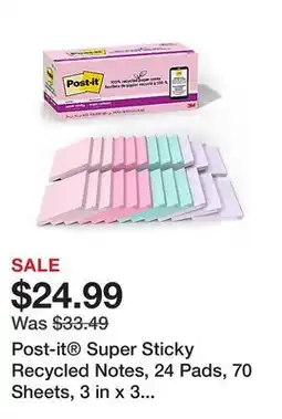 Office Depot Post-it Super Sticky Recycled Notes, 24 Pads, 70 Sheets, 3 in x 3 in, 100% Recycled, 654R24SSNRPCP offer