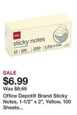 Office Depot Office Depot Brand Sticky Notes, 1-1/2 x 2, Yellow, 100 Sheets Per Pad, Pack Of 12 Pads offer