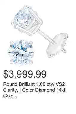 Costco Round Brilliant 1.60 ctw VS2 Clarity, I Color Diamond 14kt Gold Stud Earrings offer