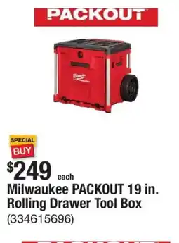 The Home Depot Milwaukee packout 19 in. rolling drawer tool box offer