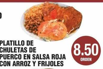 Carnicerias Jimenez Platillo De Chuletas De Puerco En Salsa Roja Con Arroz Y Frijoles offer