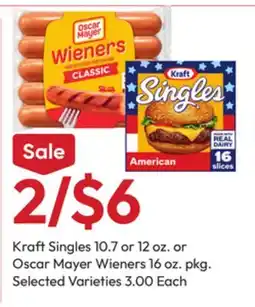 Stater Bros Kraft Singles 10.7 or 12 oz. or Oscar Mayer Wieners 16 oz. pkg offer