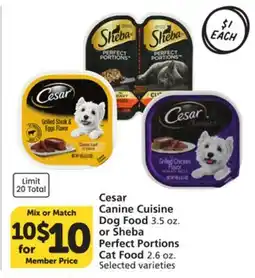 Albertsons Cesar Canine Cuisine Dog Food 3.5 oz. or Sheba Perfect Portions Cat Food 2.6 oz offer