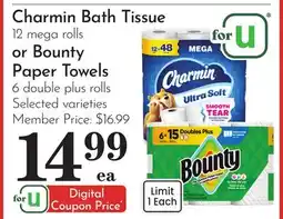 Pavilions Charmin Bath Tissue 12 mega rolls or Bounty Paper Towels 6 double plus rolls offer
