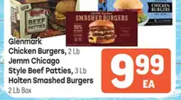 Tony’s Fresh Market Glenmark Chicken Burgers, 2 Lb Jemm Chicago Style Beef Patties, 3 Lb Holten Smashed Burgers 2 Lb Box offer