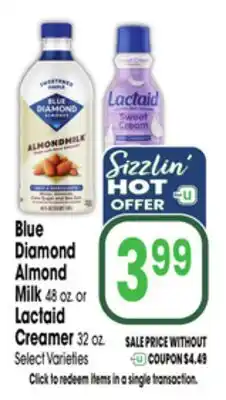 Jewel-Osco Blue Diamond Almond Milk 48 oz. or Lactaid Creamer 32 oz offer