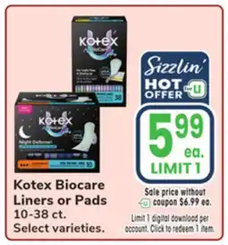 Jewel-Osco Kotex Biocare Liners or Pads offer
