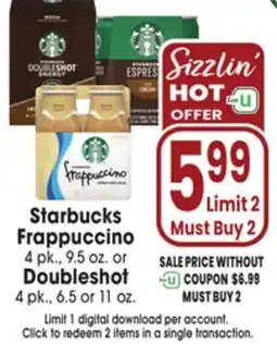 Jewel-Osco Starbucks Frappuccino 4 pk., 9.5 oz. or Doubleshot 4 pk., 6.5 or 11 oz offer