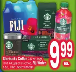Jewel-Osco Starbucks Coffee 9-12 oz. Bags, 10 ct. K-Cups or 3.17-32 oz., Fiji Water 6 pk., 1 liter offer