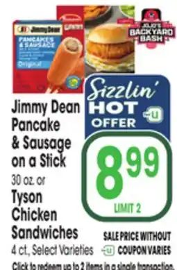 Jewel-Osco Jimmy Dean Pancake & Sausage on a Stick or Tyson Chicken Sandwiches offer