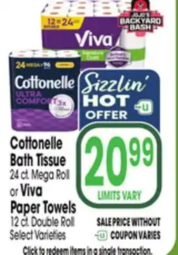 Jewel-Osco Cottonelle Bath Tissue 24 ct. Mega Roll or Viva Paper Towels 12 ct. Double Roll offer