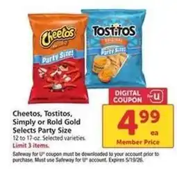 Safeway Cheetos, Tostitos, Simply or Rold Gold Selects Party Size offer