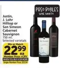 Albertsons Justin, J. Lohr Hilltop or San Simeon Cabernet Sauvignon offer