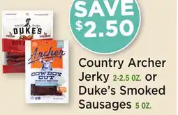 Heinen's Country Archer Jerky 2-2.5 OZ. or Duke's Smoked Sausages 5 OZ offer