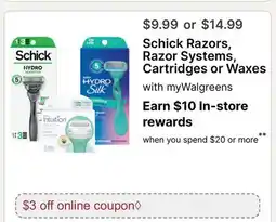 Walgreens Schick Razors, Razor Systems, Cartridges or Waxes offer