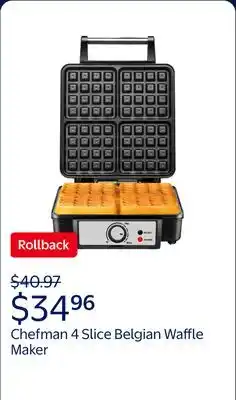 Walmart Chefman 4 Slice Belgian Waffle Maker w/ Adjustable Temperature, Stainless Steel offer