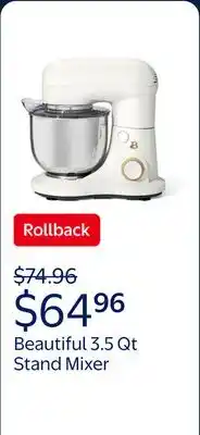 Walmart Beautiful 3.5 Qt Stand Mixer, White Icing with Flat Beater, Dough Hook, Balloon Whisk offer