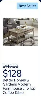 Walmart Better Homes & Gardens Modern Farmhouse Rectangle Lift-Top Coffee Table, Rustic Gray Finish offer