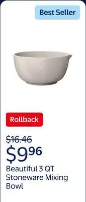 Walmart Beautiful 3 QT Stoneware Batter Mixing Bowl, Porcini Taupe by Drew Barrymore offer