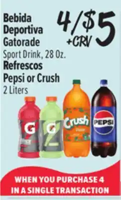 El Super Gatorade Sport Drink, 28 Oz., Pepsi or Crush 2 Liters offer
