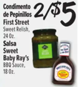 El Super First Street Sweet Relish, 24 Oz. Sweet Baby Ray's BBQ Sauce, 180z offer
