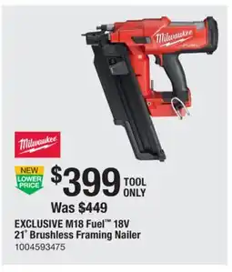 The Home Depot Milwaukee M18 Fuel 18V 21˚ Brushless Framing Nailer offer