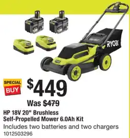 The Home Depot RYOBI HP 18V 20 Brushless Self-Propelled Mower offer