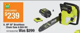 The Home Depot RYOBI HP 16 Brushless Chain Saw 4.0Ah Kit offer