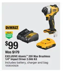 The Home Depot DEWALT Atomic 20V Max Brushless 1/4 Impact Driver 2.0Ah Kit offer