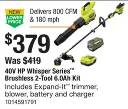The Home Depot Ryobi 40V HP Whisper Series Brushless 2-Tool 6.0Ah Kit offer