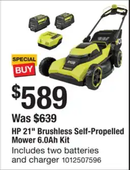 The Home Depot RYOBI HP 21 Brushless Self-Propelled Mower 6.0Ah Kit offer
