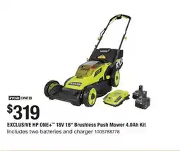 The Home Depot RYOBI ONE HP ONE + 18V 16 Brushless Push Mower 4.0Ah Kit offer