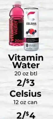 Sunset Foods Vitamin Water 20 oz btl, Celsius 12 oz can offer