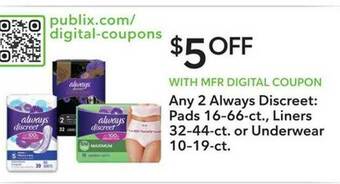 Publix Always Discreet: Pads, Liners Or Underwear offer