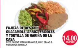 Carnicerias Jimenez FAJITAS DE RÉS CON GUACAMOLE, ARROZ, FRIJOLES Y TORTILLA DE HARINA DE LA CASA offer
