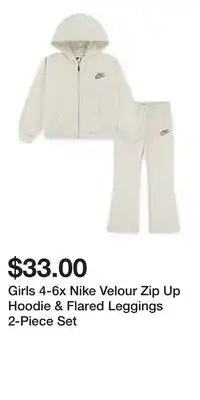 Kohl's Girls 4-6x Nike Velour Zip Up Hoodie & Flared Leggings 2-Piece Set offer
